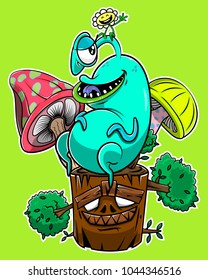 Monster sit on chunks of tree doodle cartoon vector