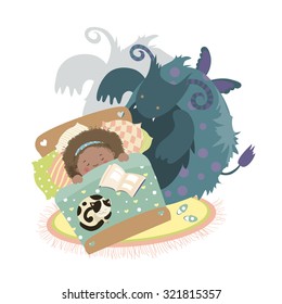 Monster sits at bed and frightened girl. Vector illustration