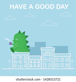 
Monster sits on a building and drinks coffee vector illustration