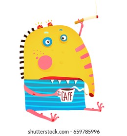 Monster sitting with coffee and cigarette smoking. Strange smoker and coffee lover fun cartoon. Vector illustration.