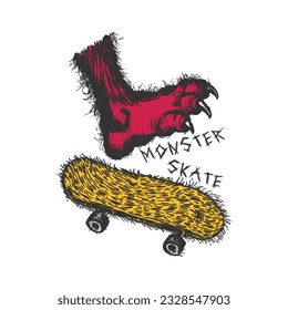 Monster skate hand-drawn vector illustration. Illustration hairy monster foot with hairy skateboard. Vector EPS 10