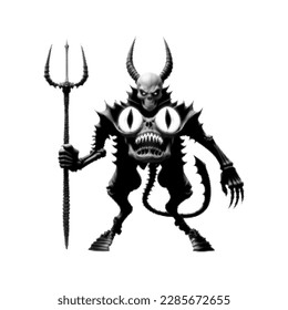 Monster skeleton with horns and tail holding a trident. Isolated on white background. Vector illustration. Halftone design.
