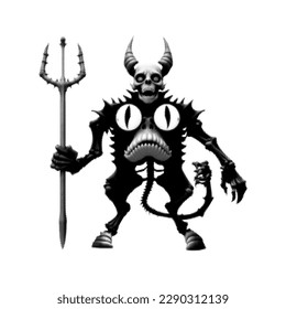 Monster skeleton with horns and tail holding a trident. Isolated on white background. Vector illustration. Halftone design.