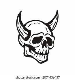 Monster Skull with Horns Icon Logo Design. Black and White Stencil Tattoo. Flat Vector Illustration on White Background.