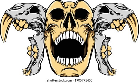 The monster skull with the long and sharp teeth and the human skull head of illustration