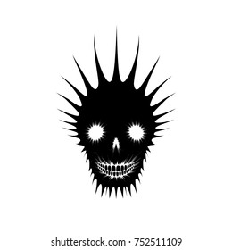Monster skull. Sketch for tattoo and for print. Mask for carnival. Abstract graphic image of black color on white background. Typographical design. Isolated image in grunge style. Vector EPS8. 