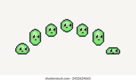 Monster slime jumping pixel art animation. Green blob with eyes moving forward. Kawaii Ooze pushing off the ground 8 bit sprite. Game development, mobile app. Isolated vector illustration.