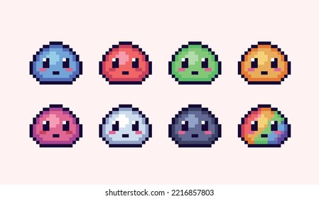 Monster slime pixel art set. Cute colorful blob with eyes collection. Kawaii Ooze 8 bit sprite. Game development, mobile app. Isolated vector illustration.