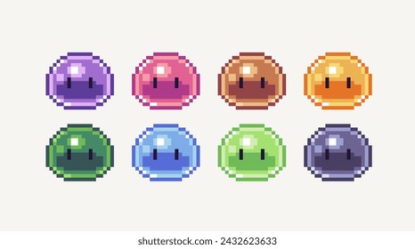 Monster slime pixel art set. Cute colorful blob with eyes collection. Kawaii Ooze 8 bit sprite. Game development, mobile app. Isolated vector illustration.