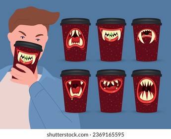 Monster smile coffee paper cup print cartoon man with covered face set vector illustration. Creative disposable mug container with lid funny creature character mouth with teeth fang tongue lips drool