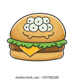 Monster smiling cheese burger cartoon illustration isolated on white