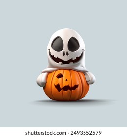 Un monstruo está sonriendo sentado en una calabaza que se ha arañado, 3D. Expresión facial emocional. Para conceptos creativos de publicidad de Halloween. Ilustración vectorial.