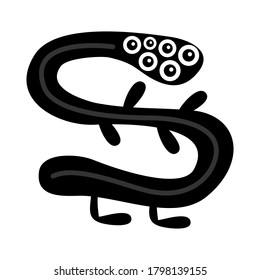 Monster snake black silhouette. Happy Halloween. Cute kawaii cartoon scary funny character icon. Eyes, hands, legs. Funny baby collection. White background. Isolated. Flat design. Vector