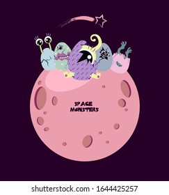 MONSTER. SPACE. Easter space. Vector illustration monsters. Pink planet.