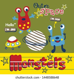 monster space and ufo funny cartoon,vector illustration