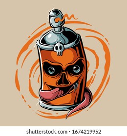Monster spray can illustration. Cartoon skull spray paint. Street art style