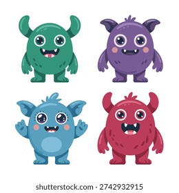 Monster squad set with green gentle giant, brown furry beast, blue fluffy friend, red spiky pal, Halloween party poster vector.