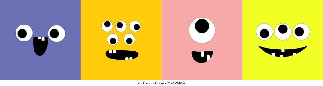 Conjunto de iconos de la línea de la cabeza cuadrada del monstruo. Boo Spooky Screaming sonriente triste cara emoción. Tres ojos, dientes colgados, ratón. Feliz tarjeta de Halloween. Diseño plano. Fondo blanco. Ilustración del vector