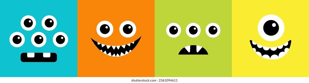 Monster square head line icon set. Happy Halloween card. Boo Spooky Screaming smiling sad face emotion. Eyes, teeth fang, mouse. Flat design style. White background. Vector illustration