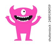 Monster standing. Happy Halloween. Pink silhouette icon. One eye, fangs tooth, hands up. Cute cartoon kawaii funny smiling baby character. Childish style. Flat design. White background Isolated Vector