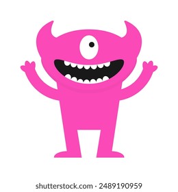 Monstruo de pie. Feliz Halloween. Icono de silueta rosa. Un ojo, colmillos, dientes, manos arriba. Lindo dibujo animado kawaii divertido sonriente bebé personaje. Estilo infantil. Diseño plano. Fondo blanco Vector aislado