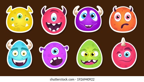 Monster sticker big set. Patch. Face. Vector illustration design.