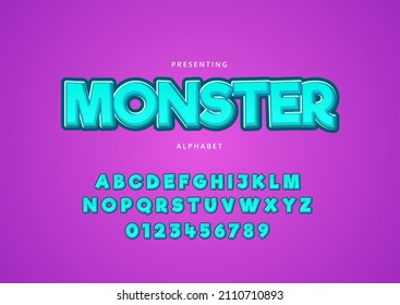 Monster style text effect, playful mobile game font alphabet and number