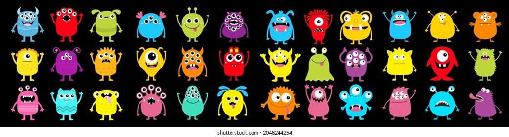 Monster super big icon set. Happy Halloween. Funny head face colorful silhouette. Cute cartoon kawaii baby character. Eyes horn teeth fang tongue. Hands up, down. Flat design. Black background. Vector