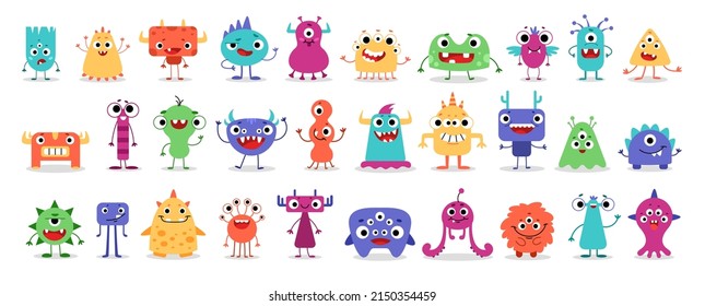 Monster super big icon set. Stickers with scary or funny characters for Halloween. Cute smiling head with sharp teeth, fangs and horns. Cartoon flat vector collection isolated on white background