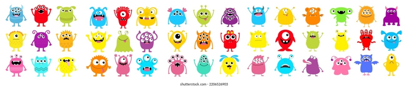 Monster super big icon set. Happy Halloween. Cute cartoon kawaii baby character. Funny head face colorful silhouette. Eyes horn teeth fang tongue. Hands up, down. Flat design. White background. Vector