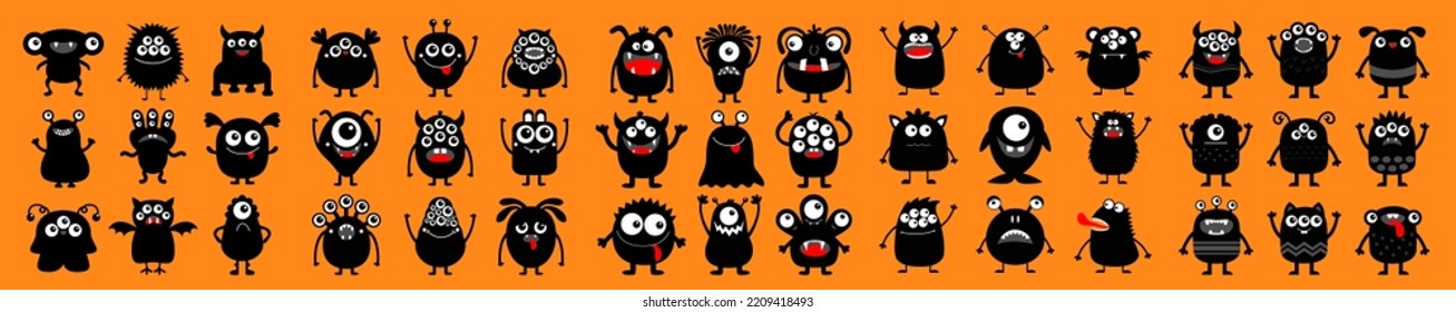 Monster super big icon set. Happy Halloween. Cute cartoon kawaii baby character. Funny head face black silhouette. Hands up, down. Eyes teeth horn fang tongue. Flat design. Orange background. Vector