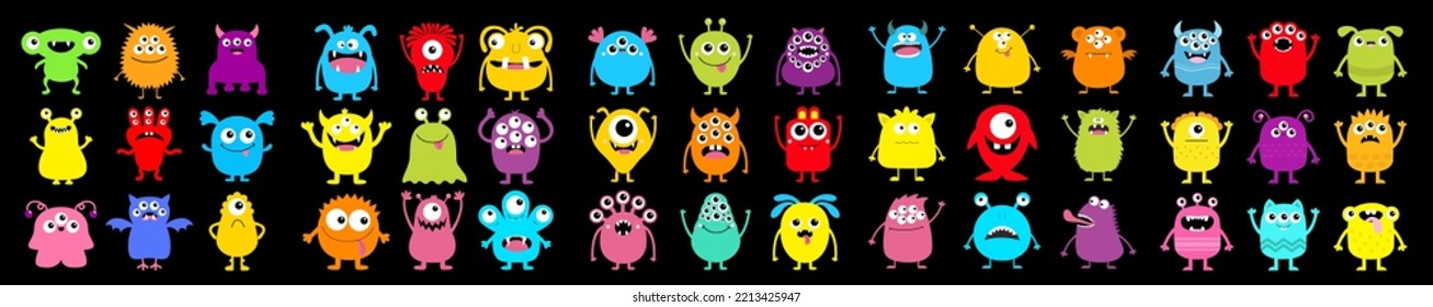 Monster super big icon set. Happy Halloween. Cute cartoon kawaii baby character. Funny head face colorful silhouette. Eyes teeth horn fang tongue. Hands up, down. Flat design. Black background. Vector