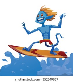 Monster of surfing. Blue monster with long ginger hairs spending his holiday surfing on waves on his board. He is master of surfing and all call him the monster of surfing. vector illustration