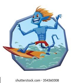 Monster of surfing in frame. Blue monster with long ginger hairs spending his holiday surfing on waves on his board. He is master of surfing, all call him the monster of surfing. vector illustration