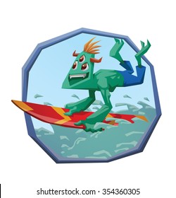 Monster of surfing in frame. Green monster with yellow hairs spending his holiday surfing on waves on his board. He is master of surfing and all call him the monster of surfing. vector illustration