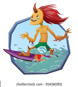 Monster of surfing in frame. Yellow monster with long brown hairs spending his holiday surfing on waves on his board. He is master of surfing, all call him the monster of surfing. vector illustration