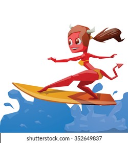 Monster of surfing. Red monster with long brown hairs spending her holiday surfing on waves on his board. She is master of surfing and all call she the monster of surfing. vector illustration