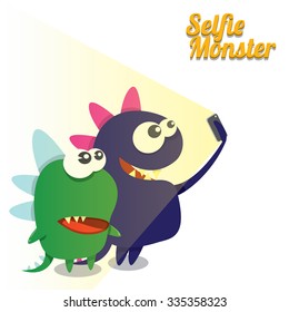 Monster Taking Selfie Photo on Smart Phone . vector creative illustration