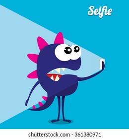 Monster Taking Selfie Photo on Smart Phone . vector creative illustration