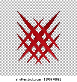 Monster tear claw scratch, cross mark. Llion break paper isolated on transparent background. Red Claws scratching animal tiger. Vector illustration.