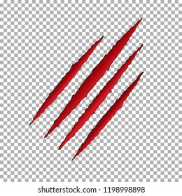 Monster reißen Kratzmarken. Löwenpappe einzeln auf transparentem Hintergrund. Rote Klauen kratzen Tiertiger. Vektorgrafik.