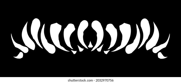 Monster teeth freehand drawing for printing on caps and t-shirts. White illustration, horror style for the Halloween. Vector isolated on a black background.  EPS 10.