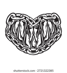 Dientes de monstruo con cadena de amor Ilustración en blanco y negro Diseño de tatuaje
