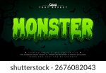 Monster Text Effect Illustration. Editable Graphic Style with Green Typography Lettering on Scary Cemetery Halloween Background. Scalable Vector Autumn Holiday Design Template for Greeting Card, Flyer
