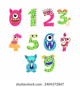 Monster theme Numbers. Cute monster numbers. Monster Numbers Alphabet, letters. Set of cute monster numbers in cartoon style.
