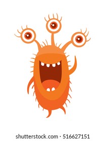 Monster with three eyes. Cartoon orange smiling germ. Character with big eyes. Microorganism bacteria with tooth, hands, open mouth. Vector funny illustration in flat design. Friendly virus. Microbe