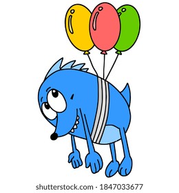 a monster tied with a balloon carried away flying. cartoon illustration sticker mascot emoticon