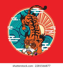 monster tiger vector illustration with japanese theme