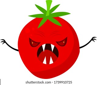 Monster tomato angry vegetable with sharp fangs and open mouth object on a white background concept of agriculture and science fiction