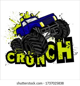 Impresión de la tipografía del coche Monster Track. Ilustración vectorial, fondo masculino Para imprimir, ropa de bebé, camiseta, niño o afiches